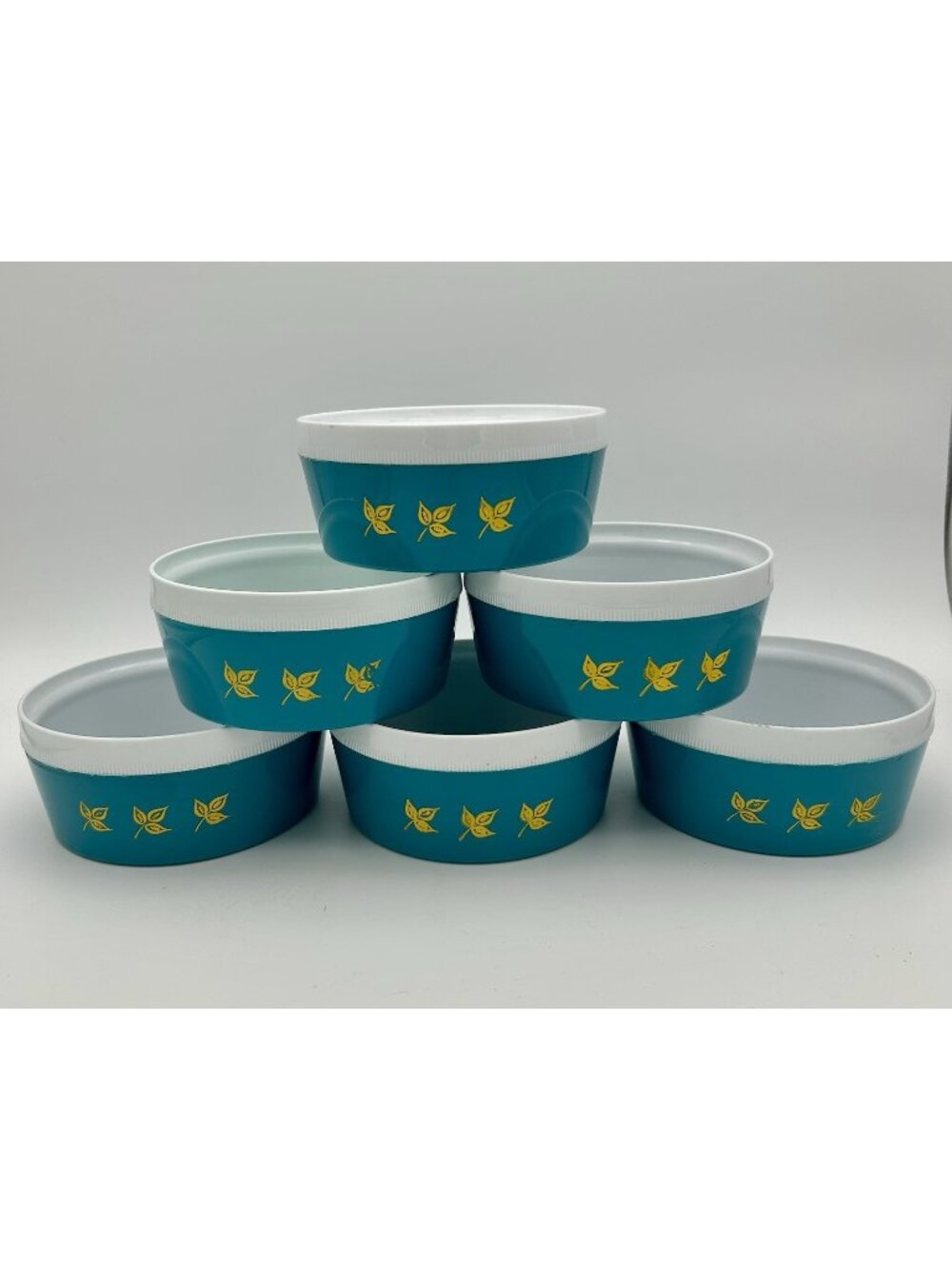 Set of 6 Vintage Better Maid Insulated Bowls-Teal with Yellow Leaves